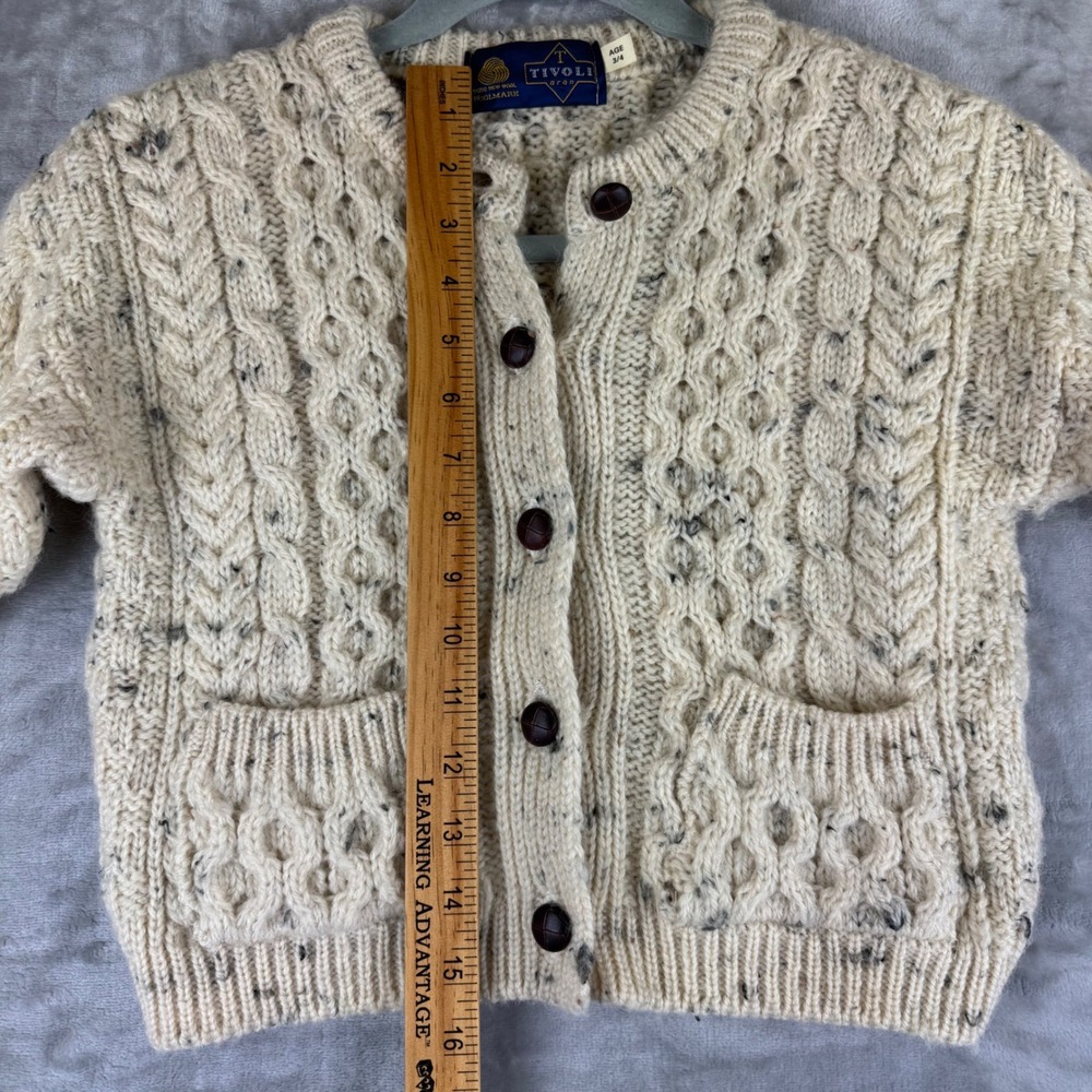 Tivoli Aran Cardigan Kids 3/4 Cream‎ Wool Cable Knit Sweater (1435) - Picture 8 of 9